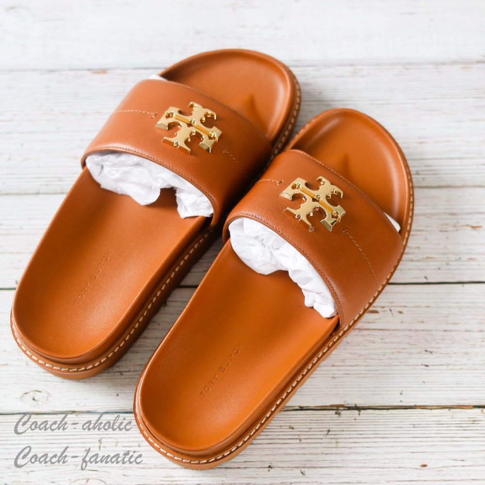 NIB Tory Burch Everly Anatomic Lug Nappa Leather Slide Sandal in Bourbon - Picture 7 of 9